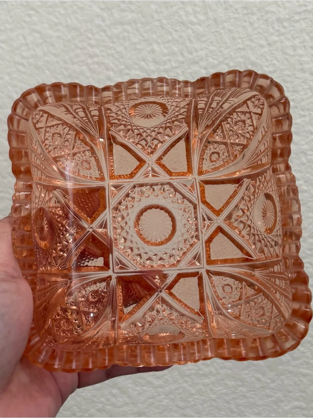 Vintage Salmon Pink Depression Pressed Glass Sawtooth Rim Square Candy Dish